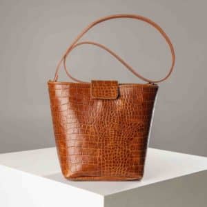 sac seau cuir croco camel